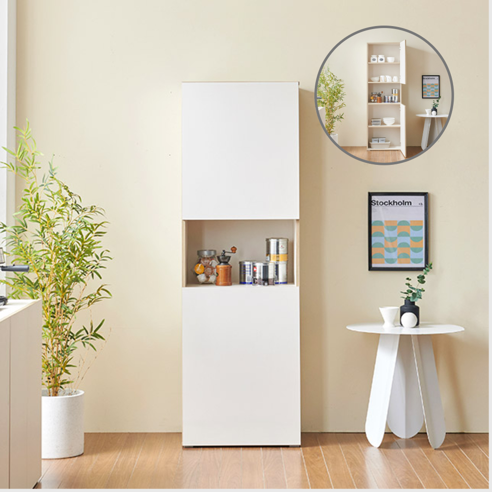 홈트리가구 주방수납장 냉장고장 홈카페장 키큰 틈새 높은 밥솥 수납장 600mm, 3단, 크림화이트