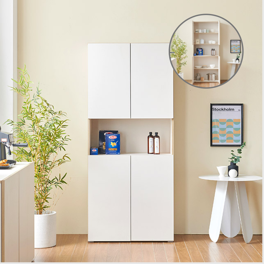 홈트리가구 주방수납장 냉장고장 홈카페장 키큰 틈새 높은 밥솥 수납장 800mm, 3단, 크림화이트