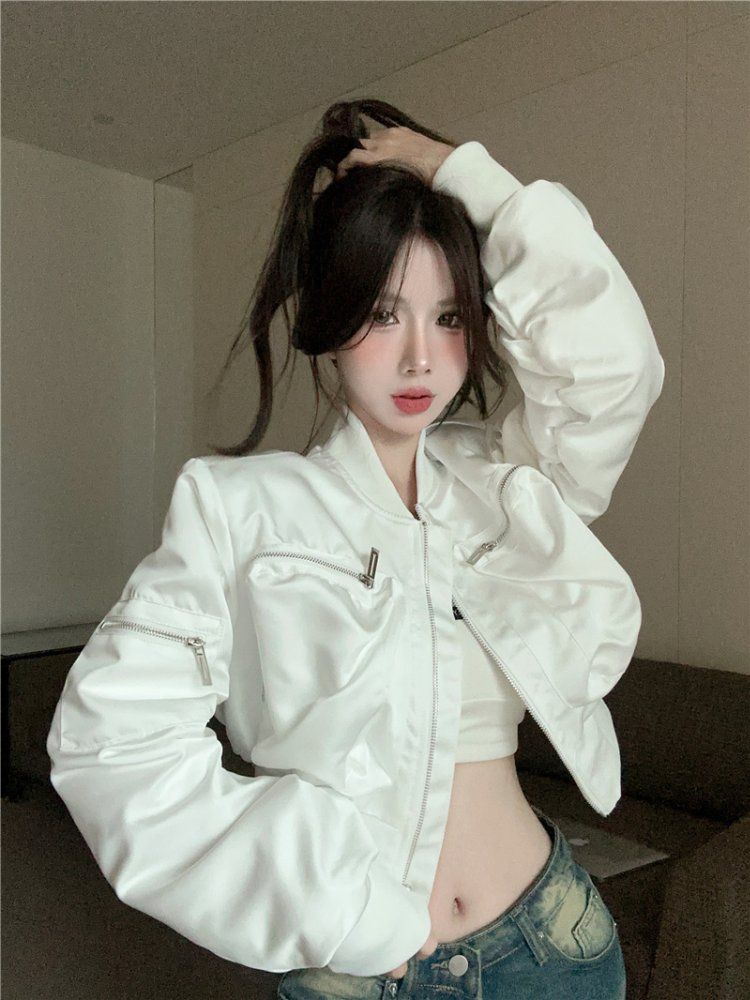여성 지퍼 포켓 크롭 항공 점퍼 숏 블루종 스트릿 Y2K 간절기 힙스터 아우터 - 상세 이미지 4