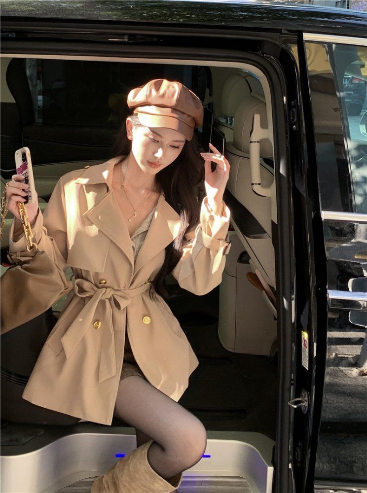 클래식 더블 버튼 트렌치 자켓 미니 원피스 여성 간절기 A라인 벨티드 아우터 데일리룩 코트 - 상세 이미지 3