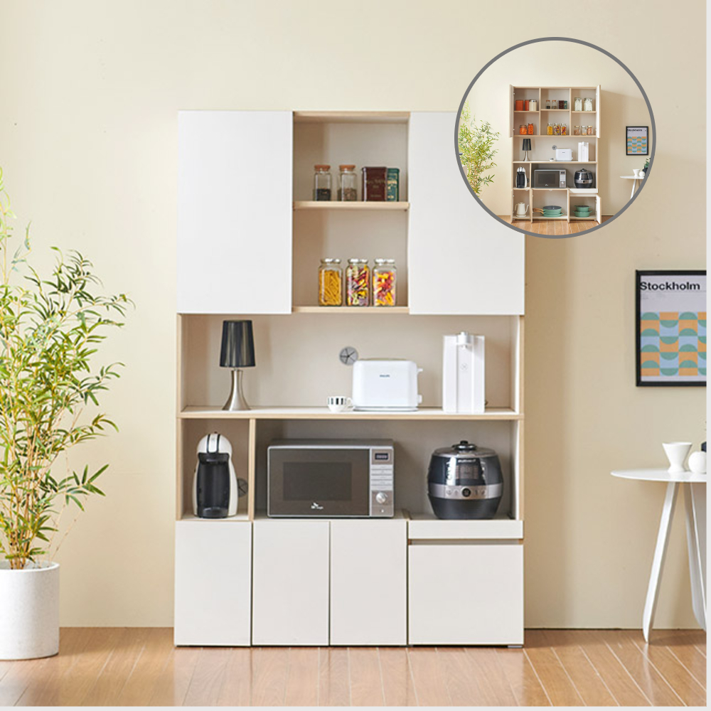 홈트리가구 주방수납장 냉장고장 홈카페장 키큰 틈새 수납 렌지대 세트 1200mm, 3단, 크림화이트