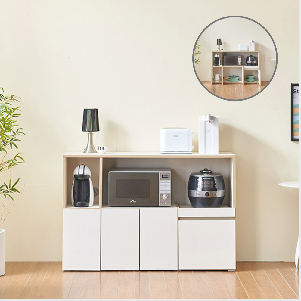 홈트리가구 주방수납장 냉장고장 홈카페장 키큰 틈새 수납 렌지대 1200mm, 3단, 크림화이트