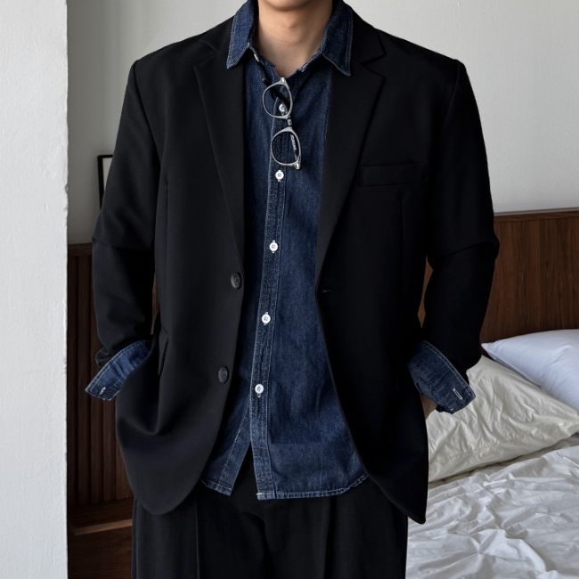 남자 레헤 오버핏 봄 가을 캐주얼 스판 블레이저 정장 자켓 - 메인 이미지