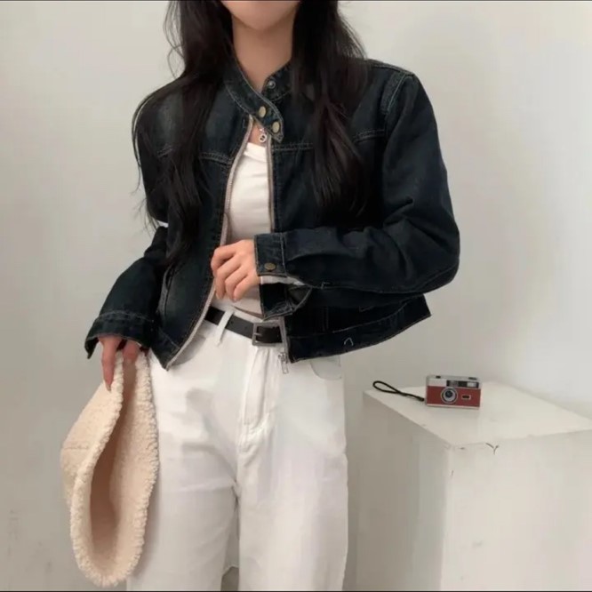 여자 크롭 청자켓 간절기 데님 아우터 봄 가을 노카라 숏자켓 (2color) - 상세 이미지 2