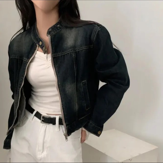여자 크롭 청자켓 간절기 데님 아우터 봄 가을 노카라 숏자켓 (2color) - 상세 이미지 3