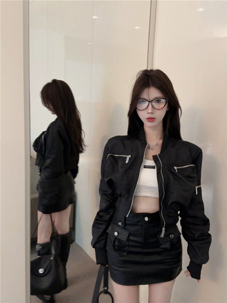 여성 지퍼 포켓 크롭 항공 점퍼 숏 블루종 스트릿 Y2K 간절기 힙스터 아우터 - 상세 이미지 2