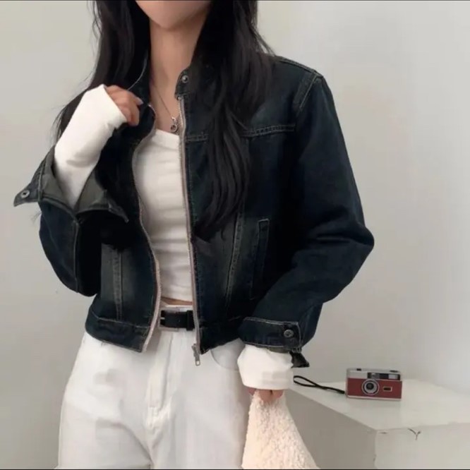 여자 크롭 청자켓 간절기 데님 아우터 봄 가을 노카라 숏자켓 (2color) - 상세 이미지 5