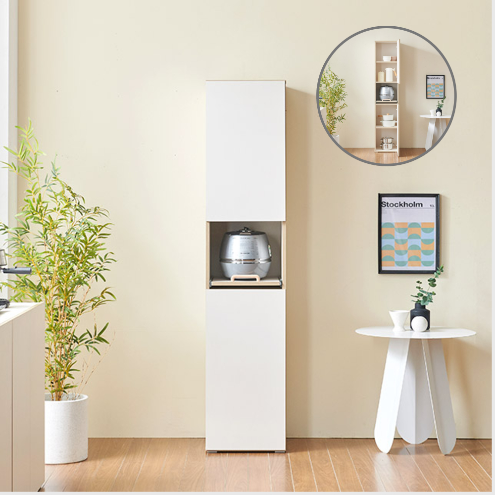 홈트리가구 주방수납장 냉장고장 홈카페장 키큰 틈새 높은 레일 수납장 400mm, 3단, 크림화이트