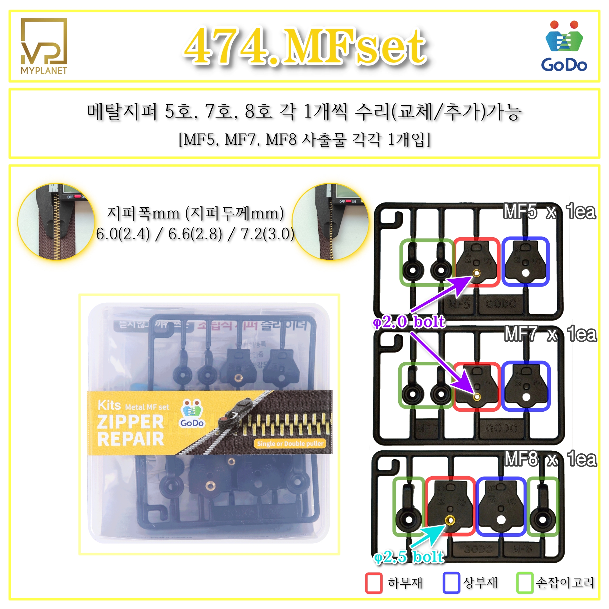고도지퍼 474 MFset 양쪽손잡이 메탈지퍼 3종 슬라이더수리 추가 수선키트 - 상세 이미지 2
