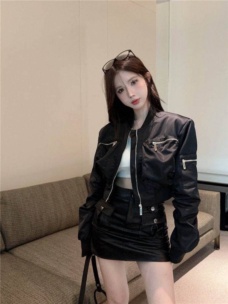 여성 지퍼 포켓 크롭 항공 점퍼 숏 블루종 스트릿 Y2K 간절기 힙스터 아우터 - 상세 이미지 3