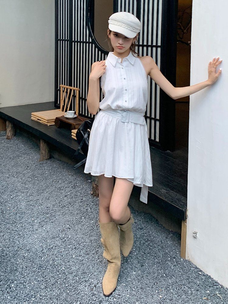 유니크 컷아웃 숄더 카라 벨트 세트 민소매 A라인 미니 원피스 여름 하객룩 - 상세 이미지 4