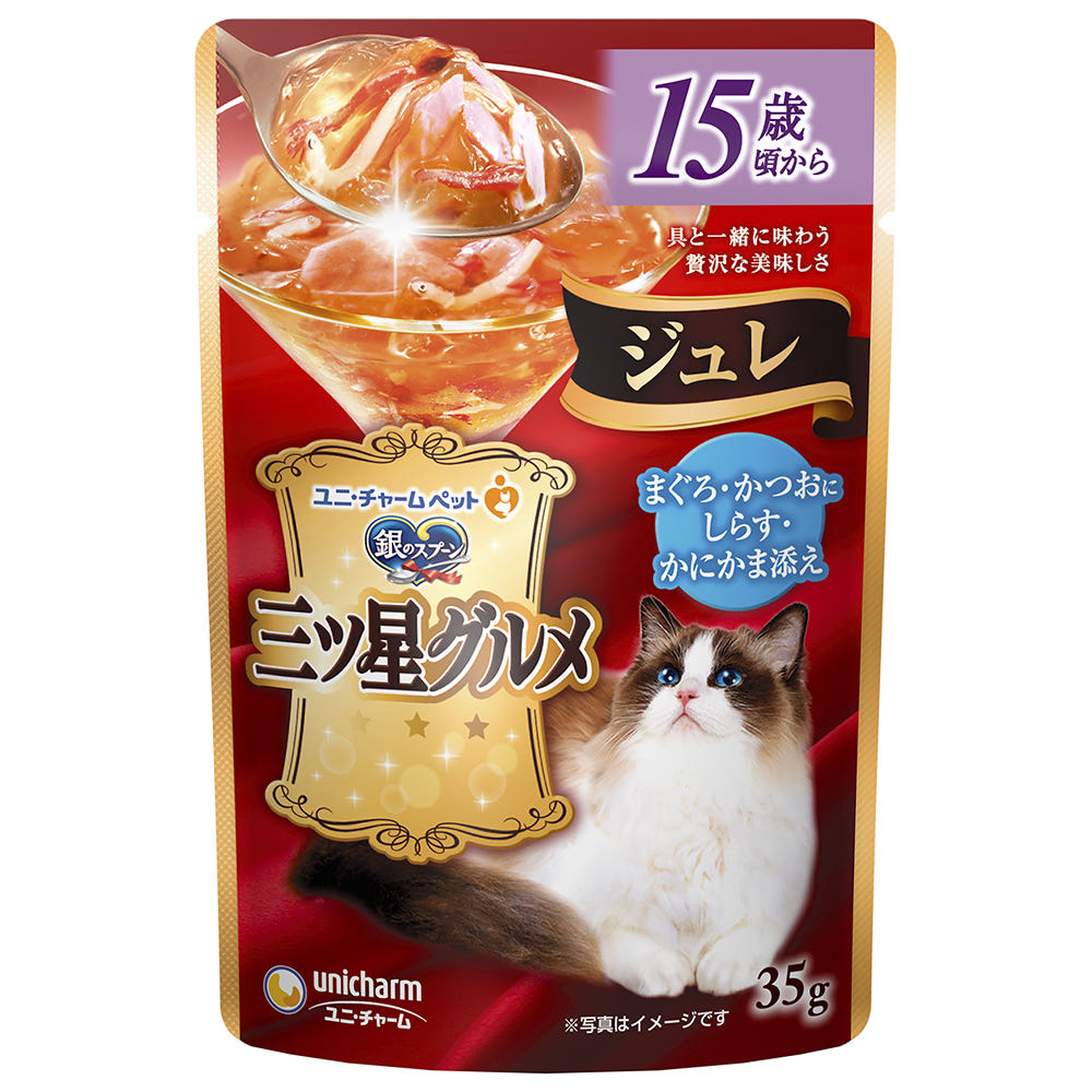 일본 참치 & 가다랑어맛 멸치 & 게살 포함 15세 이상용 유니참 은의스푼 긴노스푼 미츠보시 구루메 파우치 쥬레 35g 고양이사료