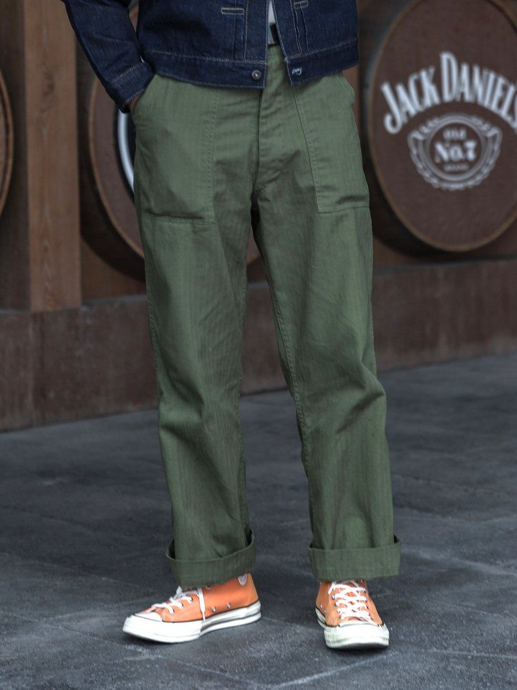 BRONSON OG-107 HBT 퍼티그 팬츠 남성 와이드핏 빈티지 워크웨어 카고 팬츠 올리브 그린 L - 상세 이미지 2