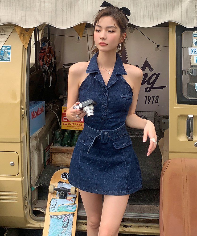 진청 카라 컷아웃 민소매 벨트 세트 A라인 데님 미니 원피스 여름 페스티벌룩 - 상세 이미지 3