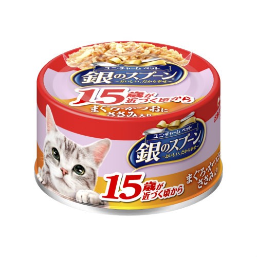 일본 참치 & 가다랑어 15세 이상용 닭가슴살 포함 유니참 은의스푼 긴노스푼 캔 70g 고양이사료 - 메인 이미지