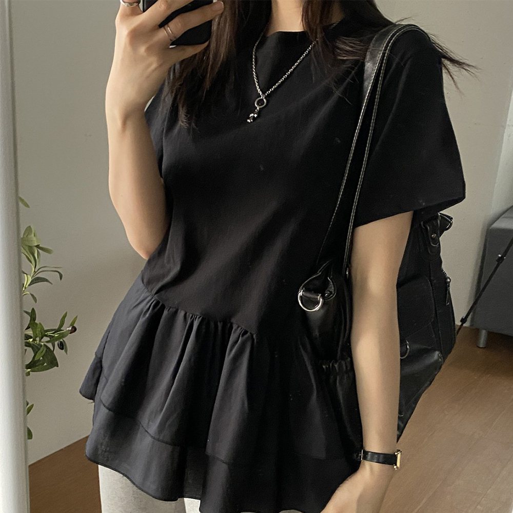 레이어드 여성 프릴 티셔츠 라운드 루즈핏 무지 반팔티 블랙 - 상세 이미지 2