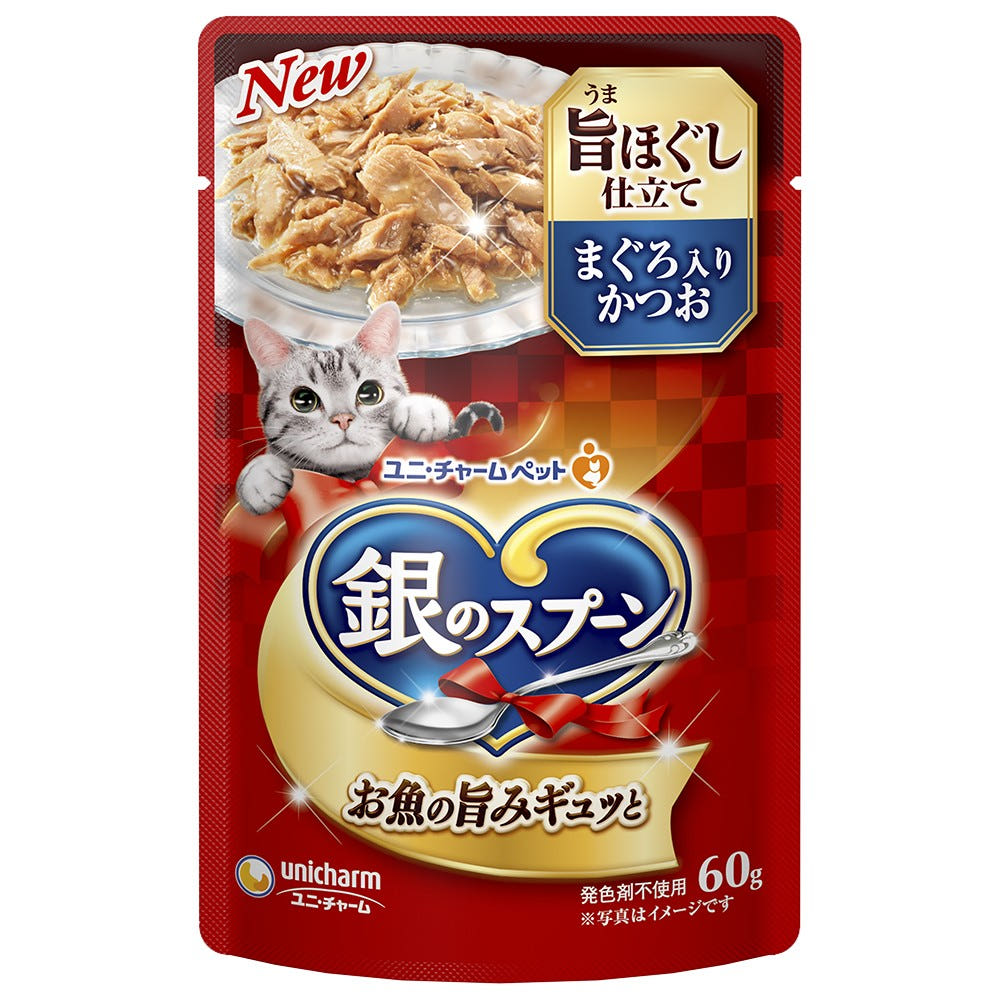 일본 참치가 들어간 가다랑어 유니참 은의스푼 긴노스푼 파우치 60g 고양이사료 - 메인 이미지