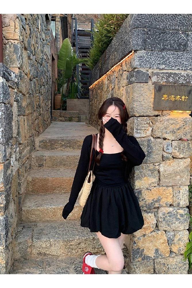 여름 스퀘어넥 벌룬 미니 원피스 끈나시 A라인 러블리 데이트룩 데일리룩 화이트 블랙 - 상세 이미지 4