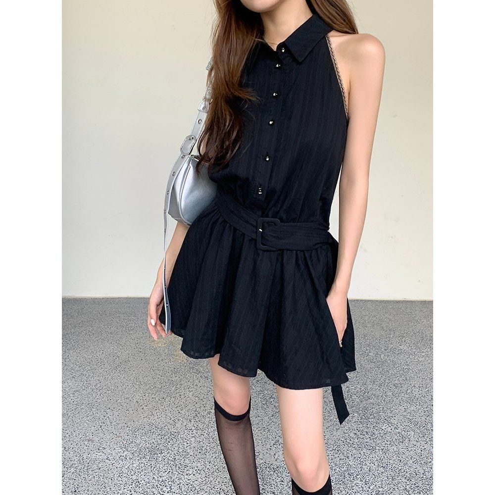 유니크 컷아웃 숄더 카라 벨트 세트 민소매 A라인 미니 원피스 여름 하객룩 - 상품 이미지