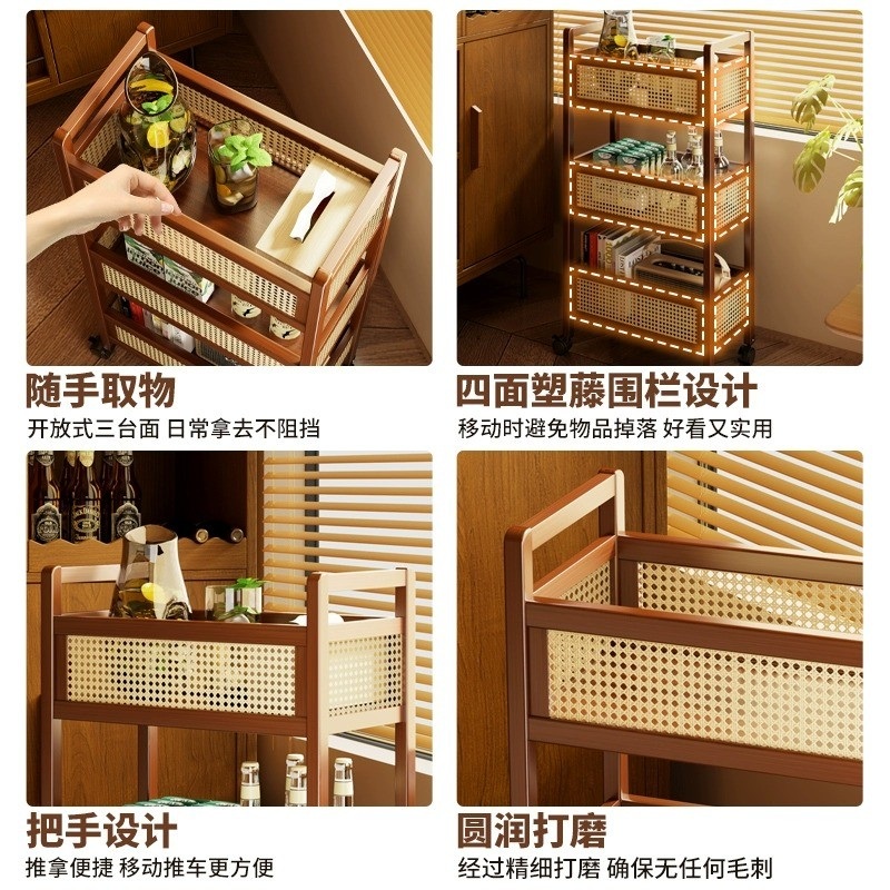 라탄 트롤리 3단 선반 우드 엔틱 수납 서랍장 바퀴 이동 3단 35cm 갈색 - 상세 이미지 5