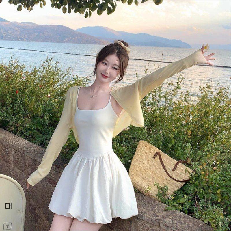 여름 스퀘어넥 벌룬 미니 원피스 끈나시 A라인 러블리 데이트룩 데일리룩 화이트 블랙 - 상세 이미지 5