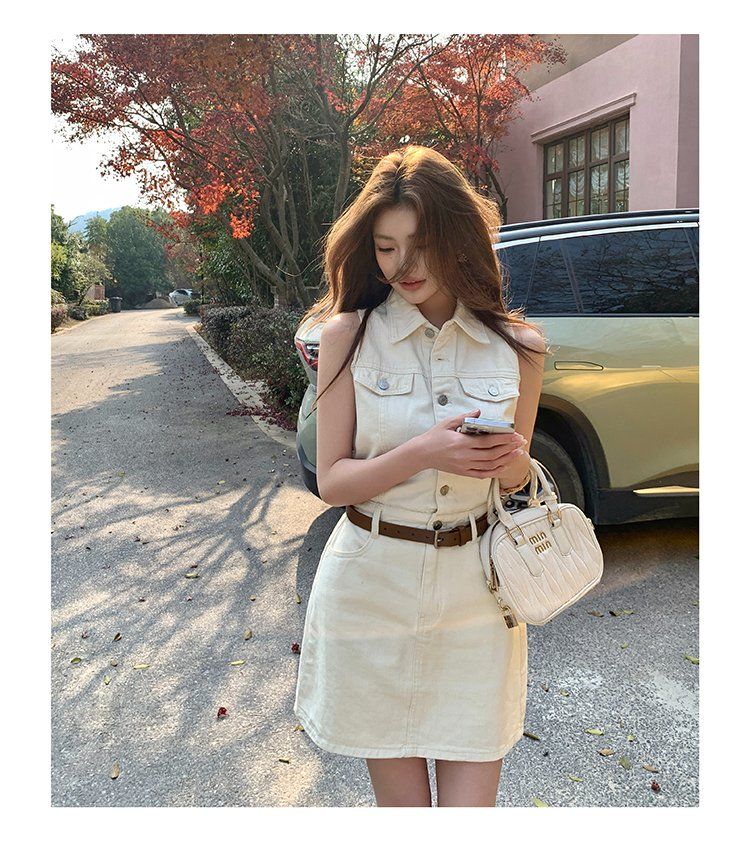 아이보리 데님 카라 민소매 벨트 포함 포켓 버튼 미니 원피스 여름 캐주얼룩 - 상세 이미지 4