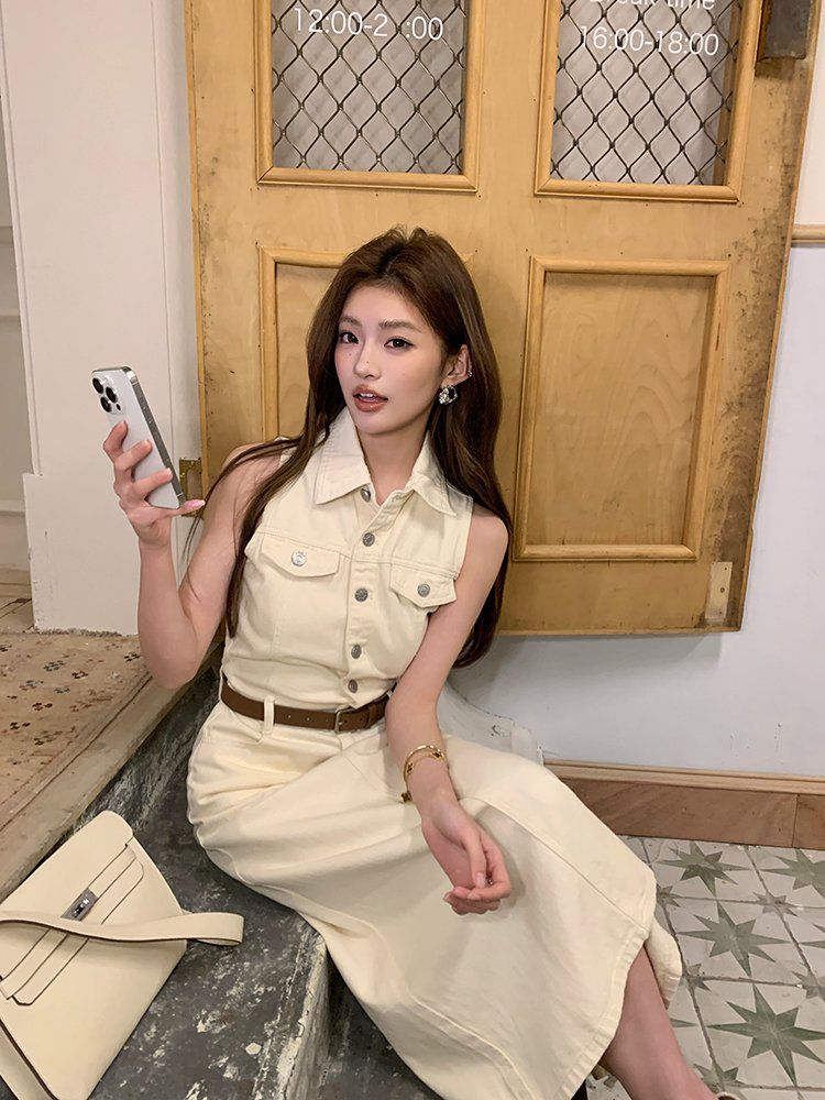 아이보리 데님 카라 민소매 벨트 포함 포켓 H라인 롱 맥시 원피스 여름 캐주얼 출근룩 - 상세 이미지 4