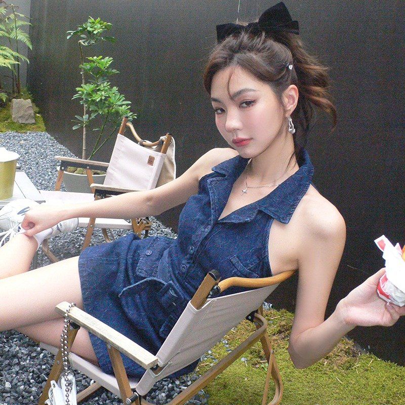 진청 카라 컷아웃 민소매 벨트 세트 A라인 데님 미니 원피스 여름 페스티벌룩 - 상세 이미지 2