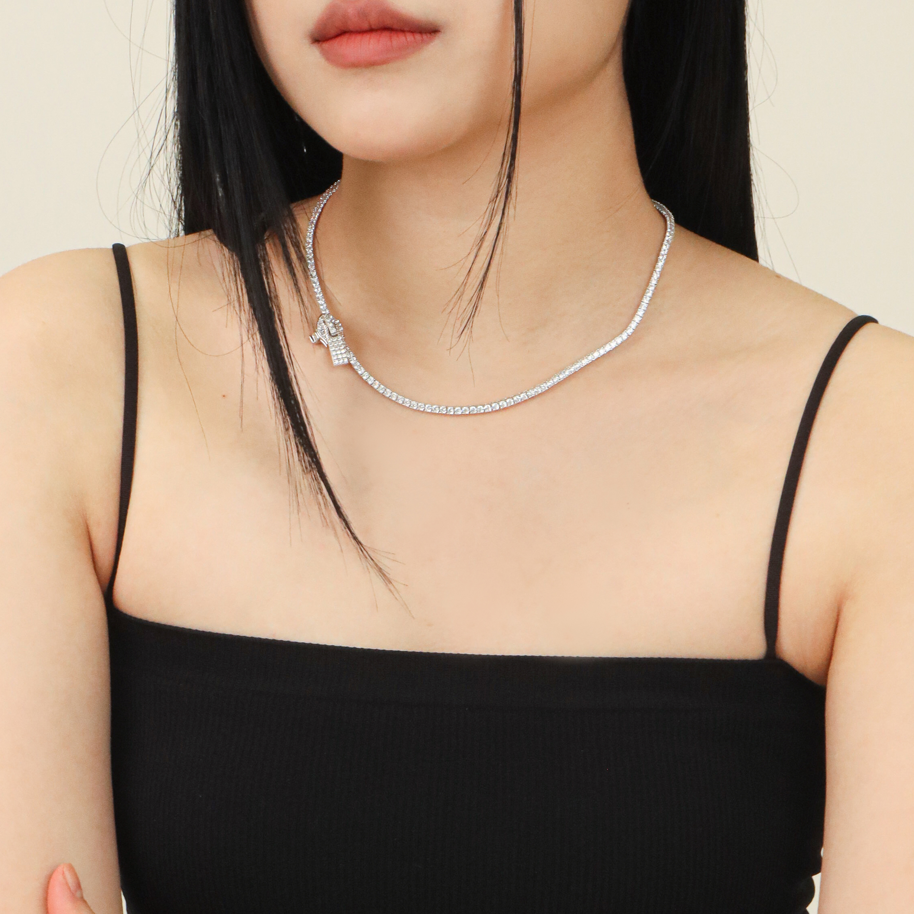 지퍼 큐빅목걸이 화이트 테니스 레이어드 네크리스 이미지 8