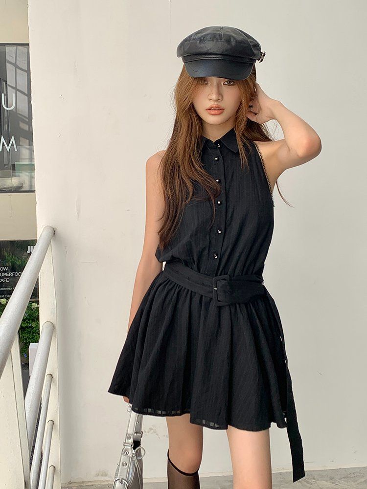 유니크 컷아웃 숄더 카라 벨트 세트 민소매 A라인 미니 원피스 여름 하객룩 - 상세 이미지 3