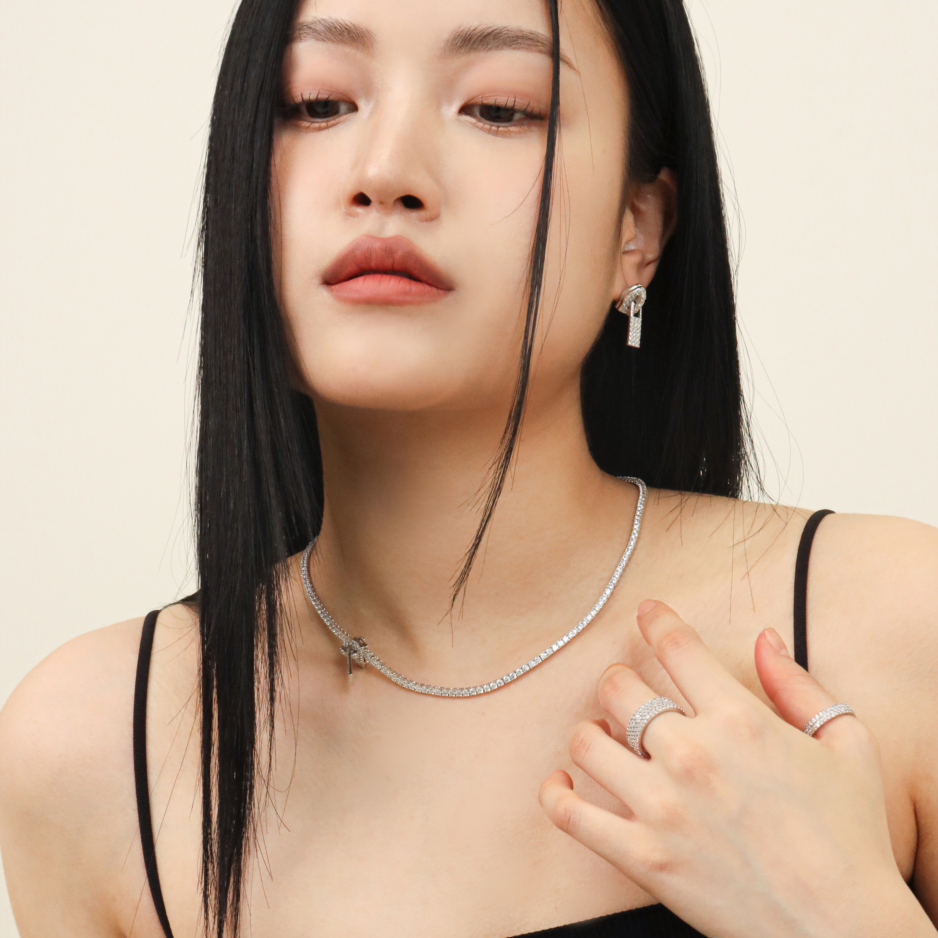 지퍼 큐빅목걸이 화이트 테니스 레이어드 네크리스 이미지 7