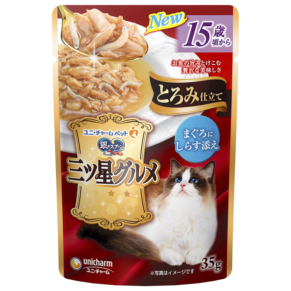 일본 참치 & 멸치 첨가 15세 전후용 유니참 은의스푼 긴노스푼 미츠보시 구루메 파우치 토로미 걸쭉한 타입 35g 고양이사료