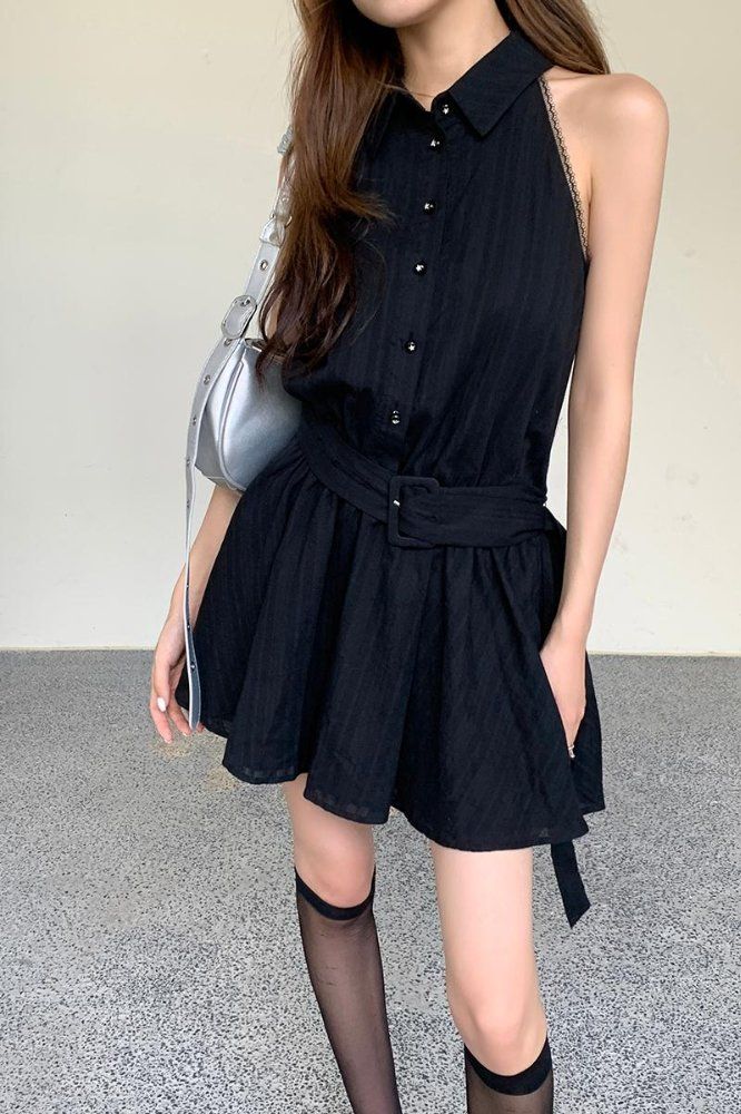 유니크 컷아웃 숄더 카라 벨트 세트 민소매 A라인 미니 원피스 여름 하객룩 - 상세 이미지 5