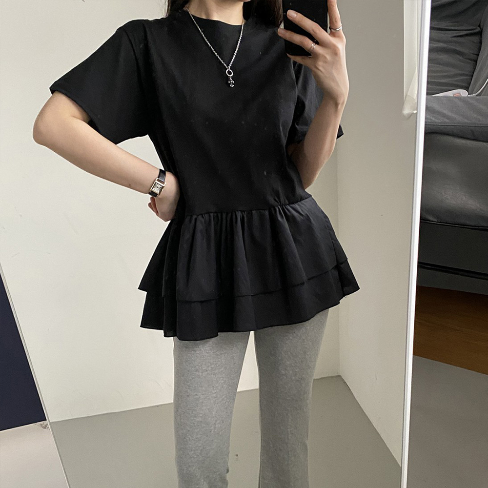 레이어드 여성 프릴 티셔츠 라운드 루즈핏 무지 반팔티 블랙 이미지 8