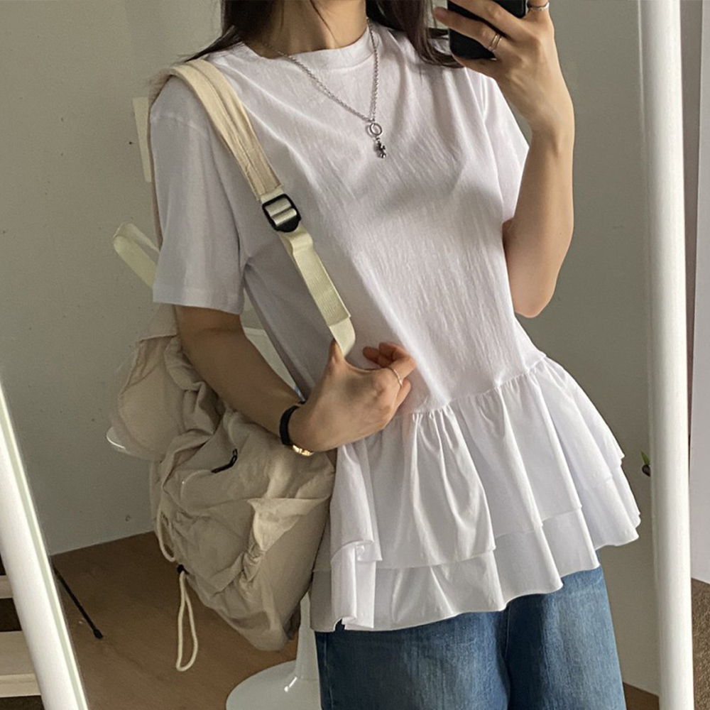 레이어드 여성 프릴 티셔츠 라운드 루즈핏 무지 반팔티 블랙 - 상품 이미지