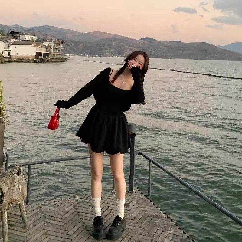 여름 스퀘어넥 벌룬 미니 원피스 끈나시 A라인 러블리 데이트룩 데일리룩 화이트 블랙 - 상세 이미지 2