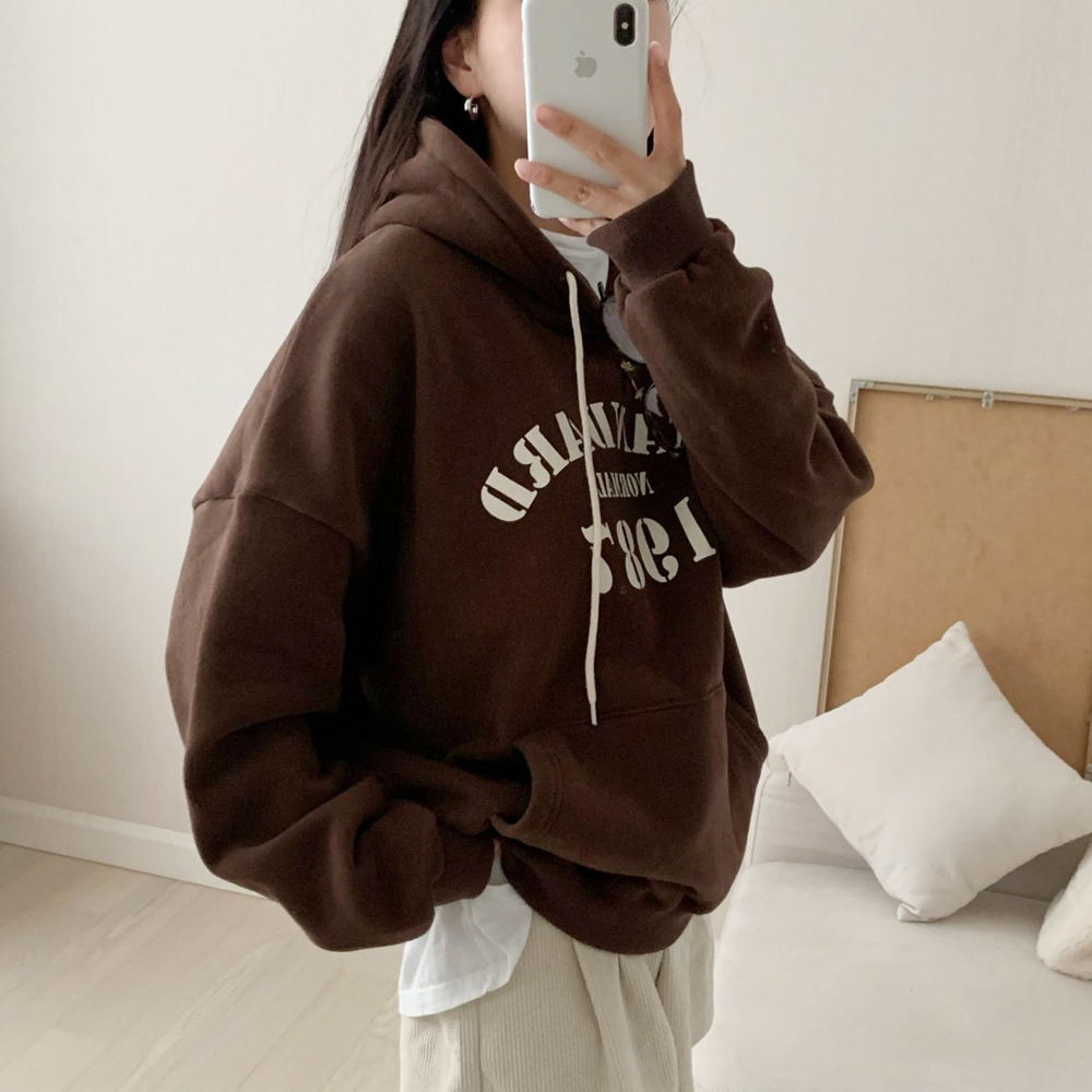 오버핏 스탠다드 레터링 프린팅 레이어드 여성 후드티 기모 여자 맨투맨 박스티 겨울 티셔츠 - 상세 이미지 3
