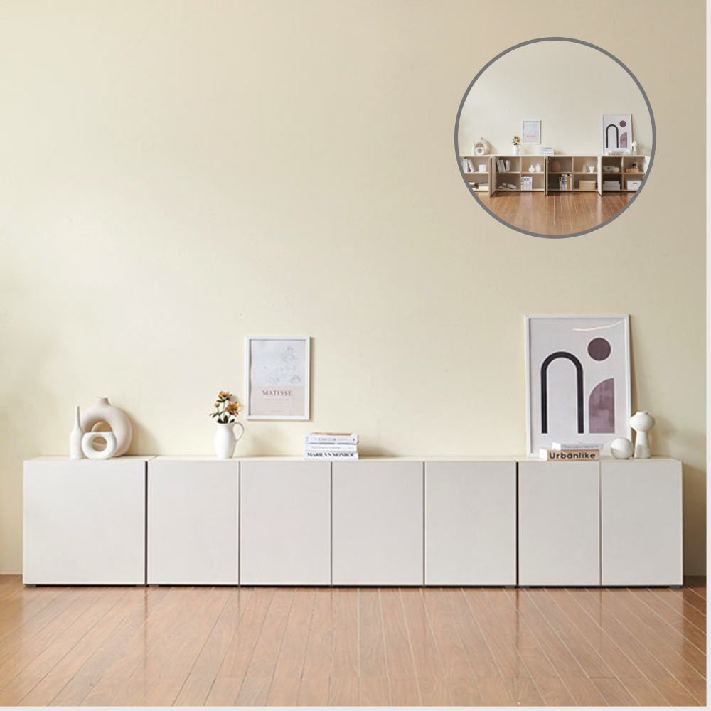 홈트리가구 높은거실장 티비다이 낮은 티비장 거실 TV 장식장 도어형 세트 3200mm, 크림화이트