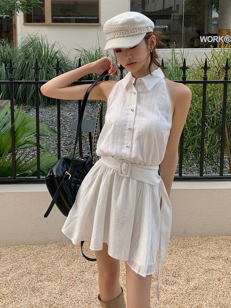 유니크 컷아웃 숄더 카라 벨트 세트 민소매 A라인 미니 원피스 여름 하객룩 - 상세 이미지 2