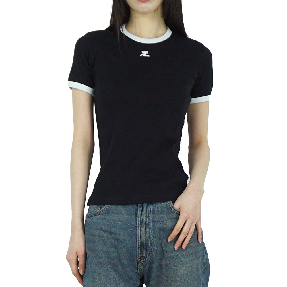 꾸레쥬 리에디션 범피 콘트라스트 여성 반팔 티셔츠 블랙 VESJTS017JS0070 9901 - 상품 이미지