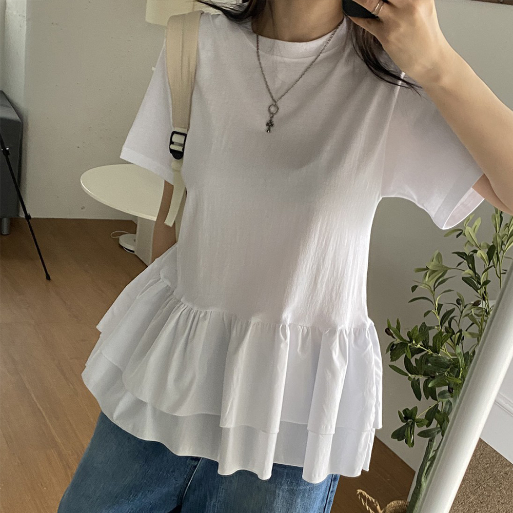 레이어드 여성 프릴 티셔츠 라운드 루즈핏 무지 반팔티 블랙 이미지 6