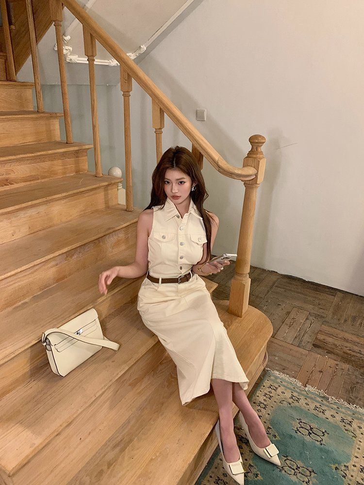 아이보리 데님 카라 민소매 벨트 포함 포켓 H라인 롱 맥시 원피스 여름 캐주얼 출근룩 - 상세 이미지 5