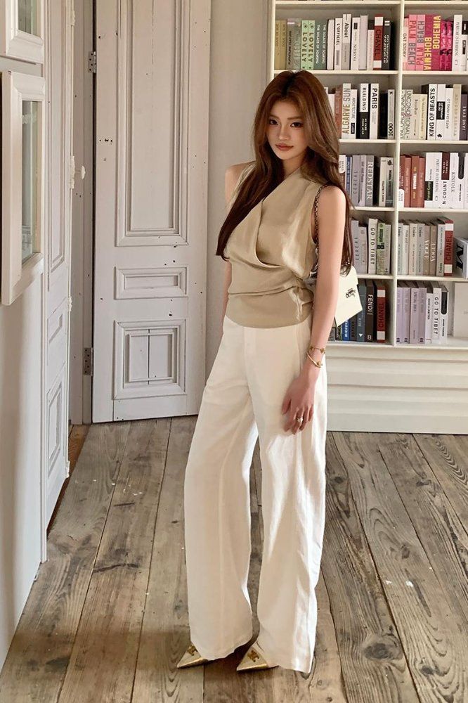 여름 쿨링 와이드 롱 팬츠 화이트 하이웨스트 통바지 데일리 오피스룩 코디 - 상세 이미지 4