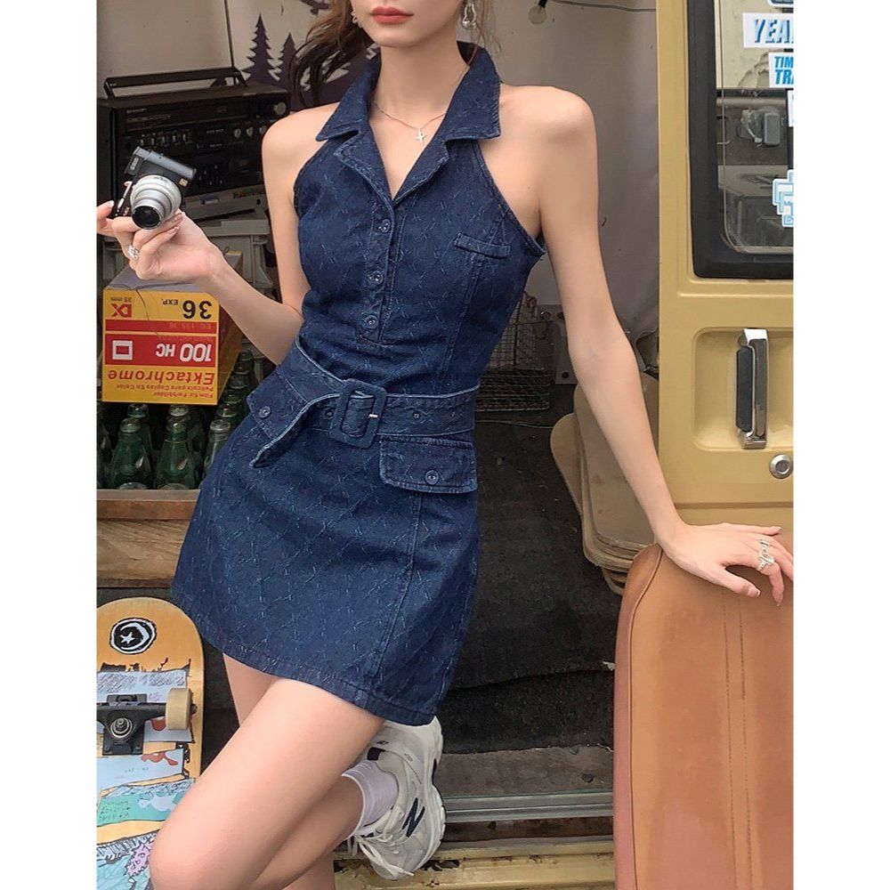 진청 카라 컷아웃 민소매 벨트 세트 A라인 데님 미니 원피스 여름 페스티벌룩 - 상품 이미지