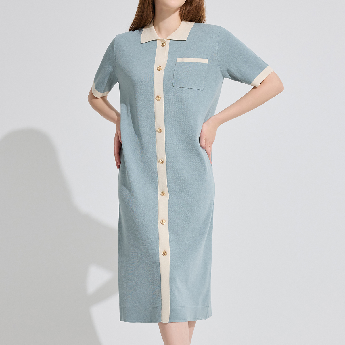 예시카 비스코스 카라 배색 롱 니트 원피스 YJ3OP323