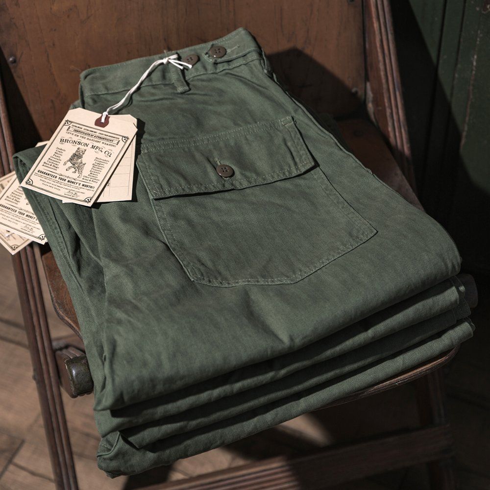BRONSON OG-107 HBT 퍼티그 팬츠 남성 와이드핏 빈티지 워크웨어 카고 팬츠 올리브 그린 L - 상세 이미지 3