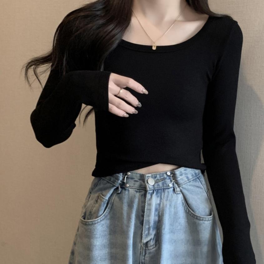 데일리 u넥티셔츠 이너 여성긴팔티셔츠 세미 블랙 - 상품 이미지