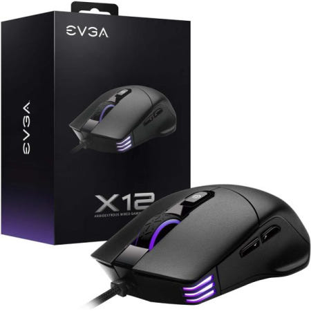 [해외]EVGA X12 게이밍 마우스, 8k, 유선, 블랙, 커스터마이징 가능, 듀얼 센서, 16,000 DPI, 5개의 프로필, 8개의 버튼, 양면 경량, RGB, 905-W1-