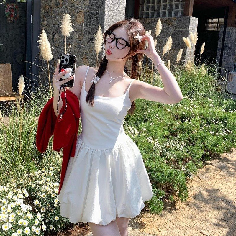 여름 스퀘어넥 벌룬 미니 원피스 끈나시 A라인 러블리 데이트룩 데일리룩 화이트 블랙 - 상세 이미지 3