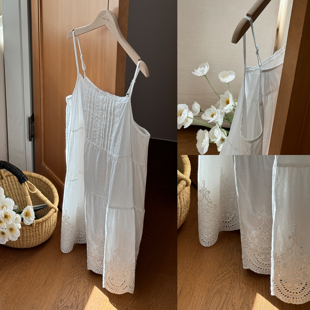 화이트 펀칭 자수 아일렛  프릴 레이스 롱 나시 레이어드 캉캉 뷔스티에 미니 원피스 임산부 프루티 - 상세 이미지 2